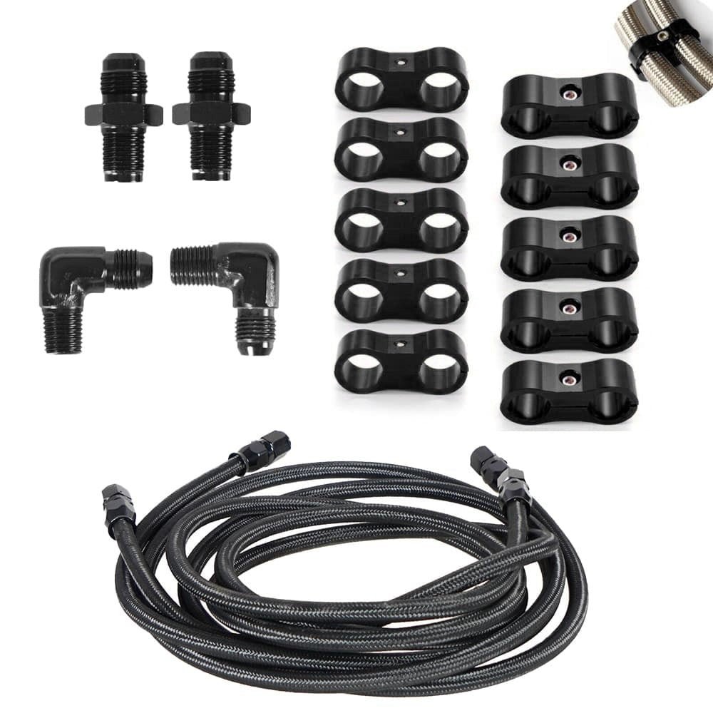 Oilpipeset_10blackcableclamps_3adb912c-9e36-4b6f-a550-fa5f1c27b384 6AN Flexible PTFE Transmission Cooler Hose Lines Fitting - Image 1